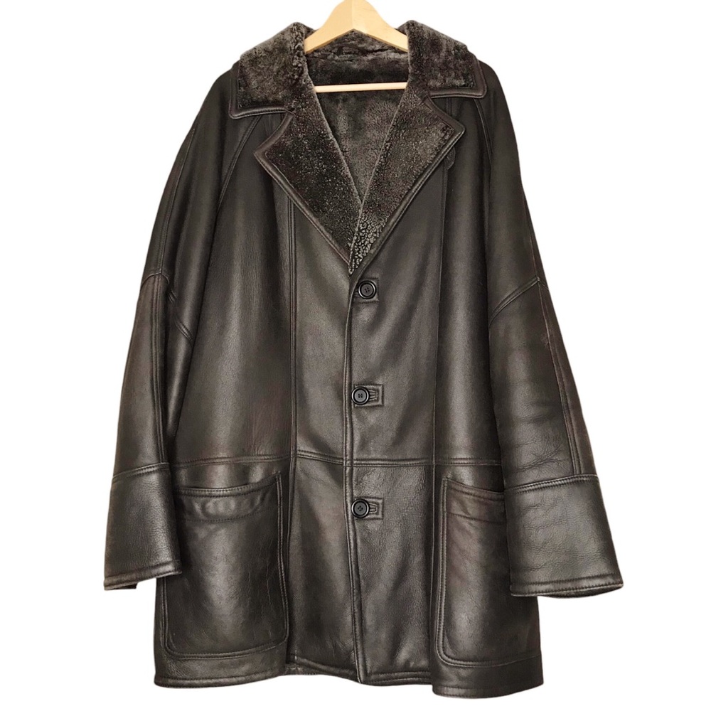 Vintage Wolff of Canada Brown Leather Shearling Button Up Car Coat Shawl Collar